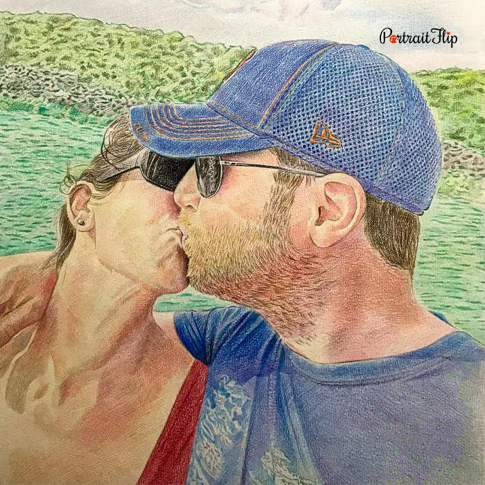 Colored pencil drawing of couple kissing by lake